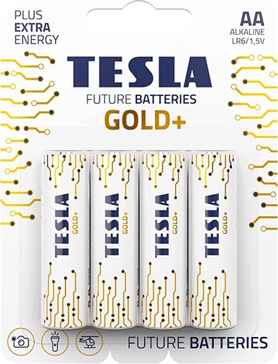 [TS-Gold+ 4AA] Tesla AA Battery Gold+ Alkaline - Plus Extra Energy Blister Foil LR6/1.5V Pack of 4