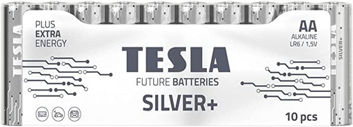 [TS-Silver+ 10AA] Tesla AA Battery Silver+ Alkaline - Plus Extra Energy Shrink Foil LR6/1.5V Pack of 10