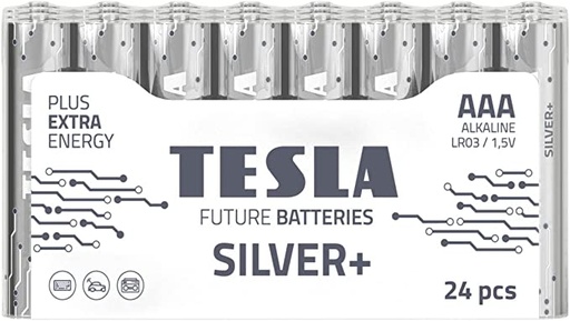 [TS-Silver+ 24AAA] Tesla AAA Battery Silver+ Alkaline - Plus Extra Energy Batteries Shrink Foil LR03/1.5V Pack of 24