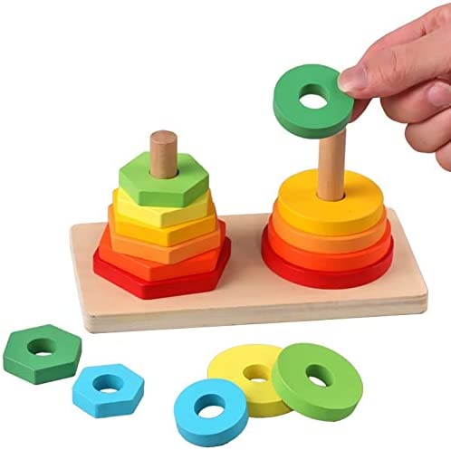 [STL-WOD-Double Tower] BUY4LESS - Wooden Shape Double Tower Sleeve Column Children Educational Toys