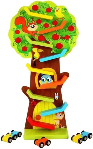[4000-252-09] BUY4LESS - Wooden Squirrel Taxiway Race Track With 3 Cars Fruit Tree Gliding Car Toy - Early Learning Educational Wooden Toy Preschool Kids Funny Toys Sensory Toys For Children