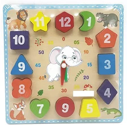 [4000-252-08] BUY4LESS - Wooden Square Clock | Child Early Education | School Desktop Game Table | Wooden Toys Excavator Elephant Clock | Shape and Number Matching Puzzles | Math Numbers Toys Kids