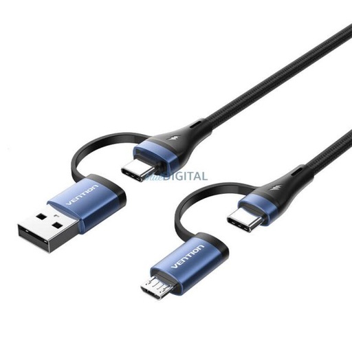 [CTLLF] VENTION 4-in-1 Cotton Braided USB 2.0 Type-A Male + USB-C Male to USB-C Male + Micro Type-B Male 5A Cable 1M Blue Aluminum Alloy Type Model # CTLLF