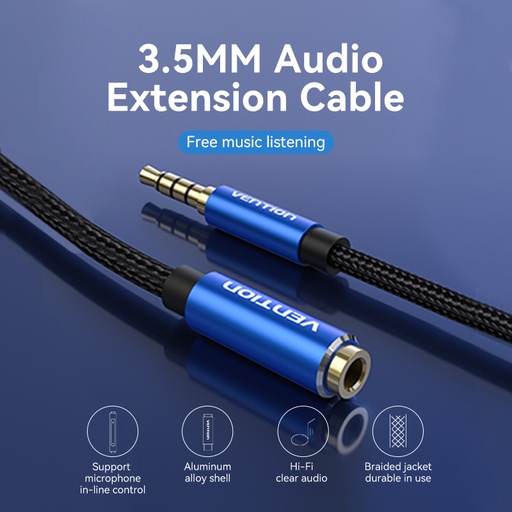 [BHCLD] VENTION Cotton Braided TRRS 3.5mm Male to 3.5mm Female Audio Extension Cable 0.5M Blue Aluminum Alloy Type Model # BHCLD