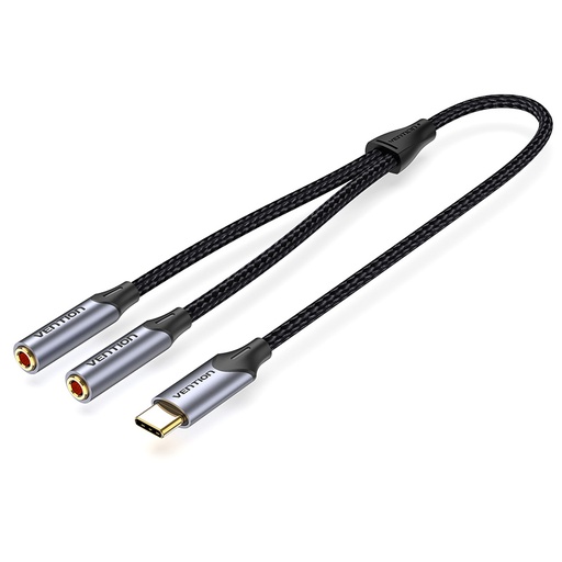 [BGNHY] VENTION USB-C Male to Dual 3.5MM Jack Earphone Adapter 0.3M Gray Aluminum Alloy Type Model # BGNHY