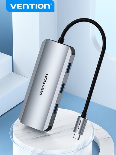 [TOJHB] VENTION USB-C to HDMI/USB 3.0x3/SD/TF/PD Docking Station Gray 0.15M Aluminum Alloy Type Model # TOJHB