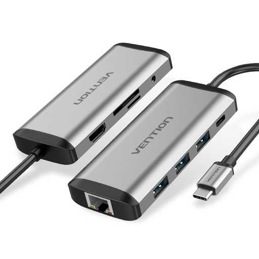 [THAHB] VENTION Multi-function Type-C to HDMI/USB3.0*3/TF/SD/RJ45/3.5mm/PD Docking Station Model # THAHB