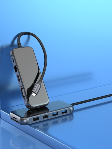 [TFGHB] VENTION Multi-function USB-C to HDMI/ VGA/USB3.0*2/USB2.0*2/RJ45/TF/SD/PD Docking Station 0.15M Gray Mirrored Surface Type Model # TFGHB