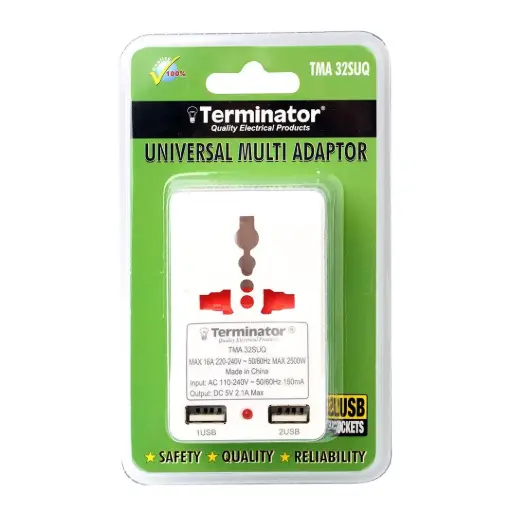 [TMA 32SUQ] Terminator 3 Way Universal MA 3 Pin and 2 Pin With 2 USB Port Schuko Plug (USB with DC 5V 2100MA)