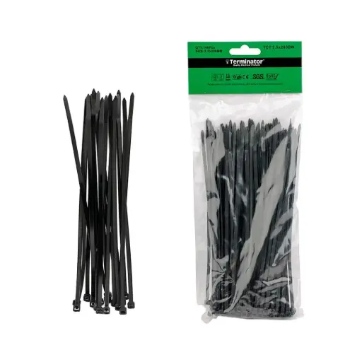 [TCT 3.5X200 BW] Terminator Cable Ties In Black Colour (100Pcs In Bag)