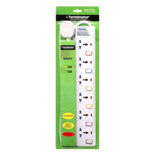 [TPB 916] Terminator 6 Way Universal Power Extension Socket With Individual Switches & Indicators 3M 13A