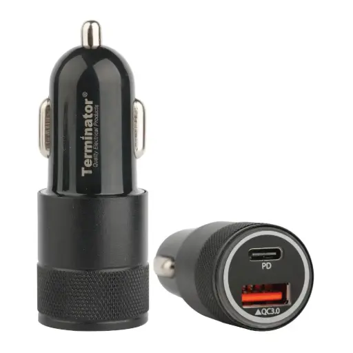 [TUSBCC 01-36W] Terminator USB Car Charger with 36W Fast Charging USB-A (QC3) & USB-C (PD) with Blue Light Indicator-Black