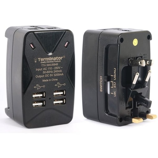 [TTA 394 USB4B] Terminator Travel Adaptor Multi Plugs With One Universal Socket & 4 USB Charging Sockets Of 5V3.2A (Black)