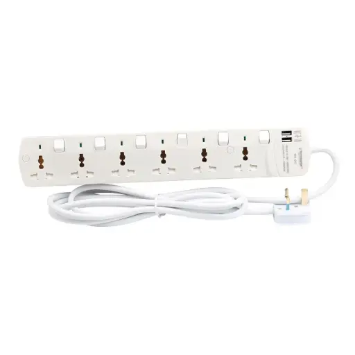 [TPB 6AU] Terminator 6 Way Universal Power Extension Socket WithIndividual Switches & Indicators 2USB 3M 13A