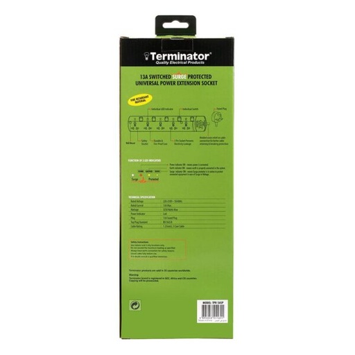 [TPB 5ASP] Terminator 5 Way Universal Power Extension Socket With Surge Protection Individual Switches & Indicators 3M 13A
