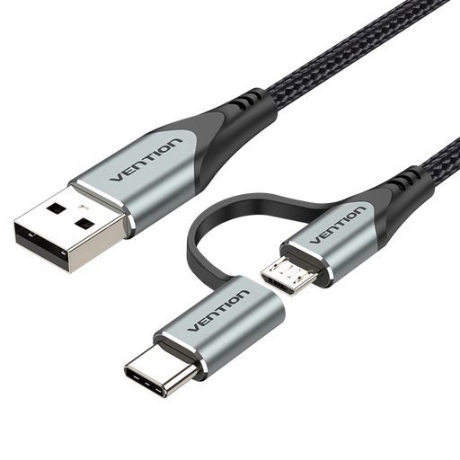 [CQEHF] VENTION USB 2.0 A Male to 2-in-1 Micro-B&USB-C Male Cable 1M Gray Aluminum Alloy Type Model # CQEHF