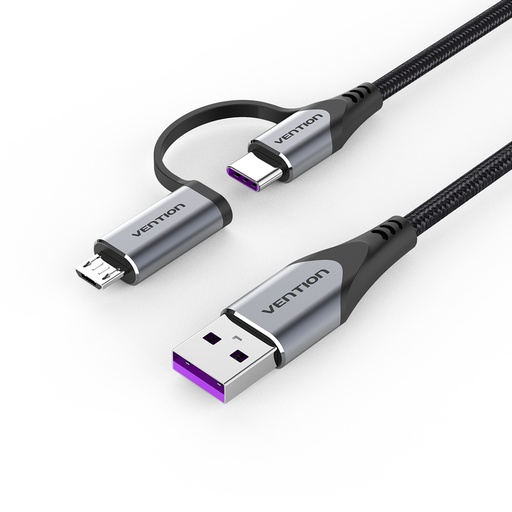 [CQFHF] VENTION USB 2.0 A Male to 2-in-1 USB-C&Micro-B Male 5A Cable 1M Gray Aluminum Alloy Type Model # CQFHF