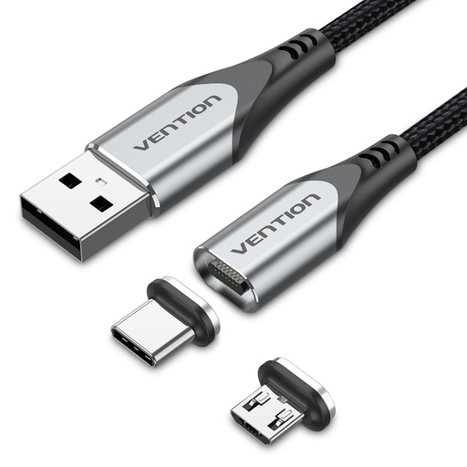[CQMHH] VENTION USB 2.0 A Male to 2-in-1 Micro-B&USB-C Male Magnetic Cable 2M Gray Aluminum Alloy Type Model # CQMHH