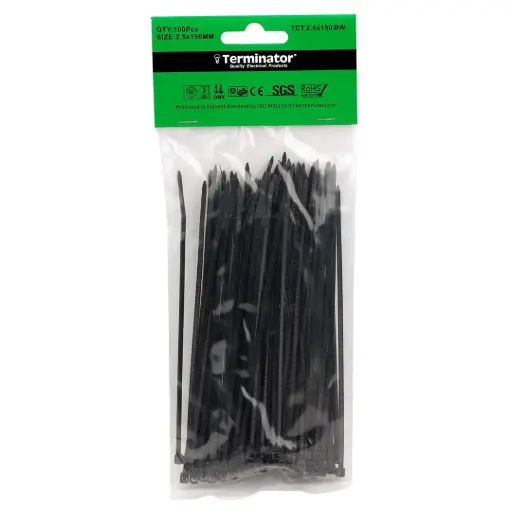 [TCT 2.5X150 BW] Terminator Cable Ties In Black Colour (100Pcs In Bag)