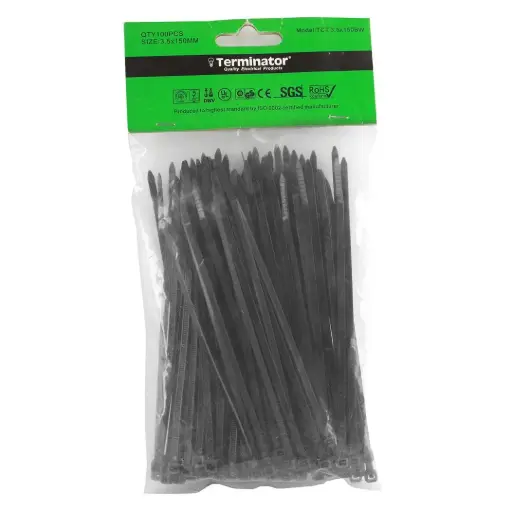 [TCT 3.5X150 BW] Terminator Cable Ties In Black Colour (100Pcs In Bag)