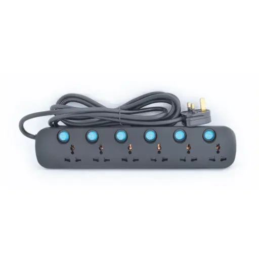 [TPB 626N-5M] Terminator 6 Way Universal Power Extension Socket 3X1.25MM2 Black Body & Blue Switch 3M Cable 13A Plug