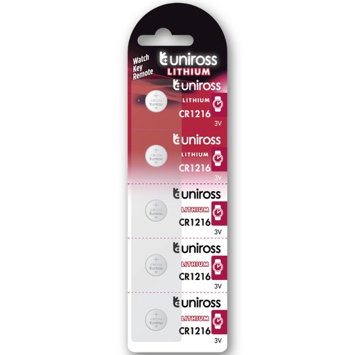 [U5CR1216] Uniross CR1216 Lithium Coin Cell Battery 3.0V Pack of 5 Batteries - Equivalent to BR1216, DL1216, ECR1216 Model# U5CR1216