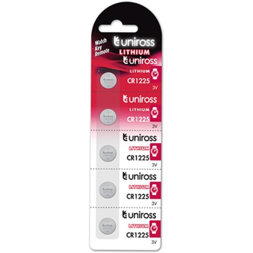 [U5CR1225] Uniross CR1225 Lithium Coin Cell Battery 3.0V Pack of 5 Batteries - Equivalent to BR1225, DL1225, ECR1225 Model# U5CR1225