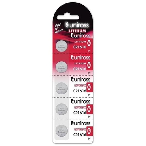 [U5CR1616] Uniross CR1616 Lithium Coin Cell Battery 3.0V Pack of 5 Batteries - Equivalent to BR1616, DL1616, ECR1616 Model# U5CR1616