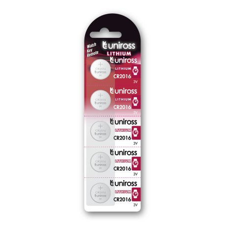 [U5CR2016] Uniross CR2016 Lithium Coin Cell Battery 3.0V Pack of 5 Batteries - Equivalent to BR2016, DL2016, ECR2016 Model# U5CR2016