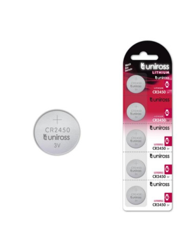 [U5CR2450] Uniross CR2450 Lithium Coin Cell Battery 3.0V Pack of 5 Batteries - Equivalent to BR2450, DL2450, ECR2450 Model# U5CR2450