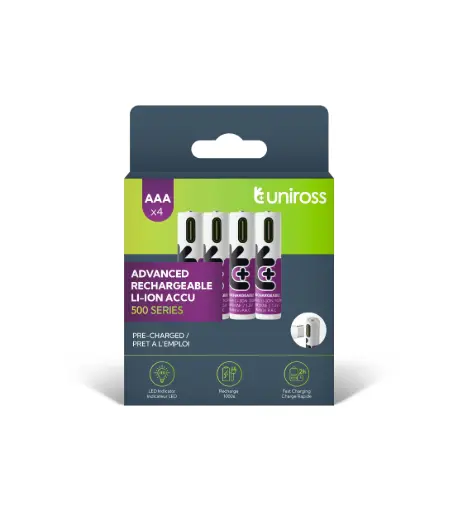[U322064] Uniross Lithium USB-C Rechargeable AAA Batteries (4-Pack) – Compact, Efficient & Eco-Friendly Model# U322064