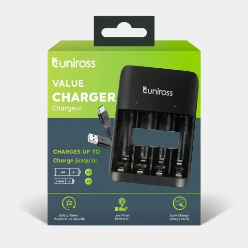 [UCU010] Uniross UCU010 Value Battery Charger for AA/AAA Ni-MH Batteries with Micro USB/USB-C Charging Ports No Batteries Included Model# UCU010