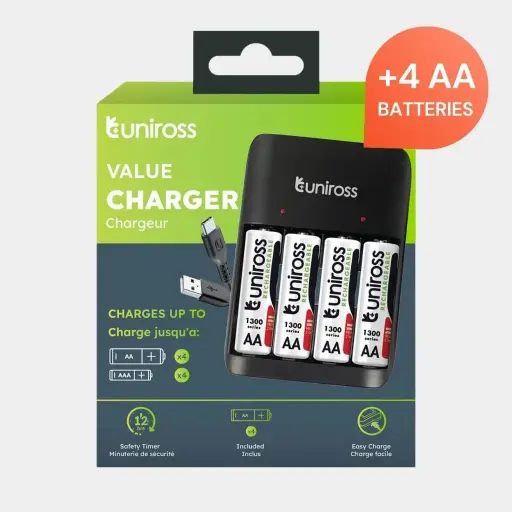 [UCU010A] Uniross UCU010A Value Battery Charger for AA/AAA Ni-MH Batteries with Micro USB/USB-C Charging Ports & 4 AA Batteries Included Model# UCU010A