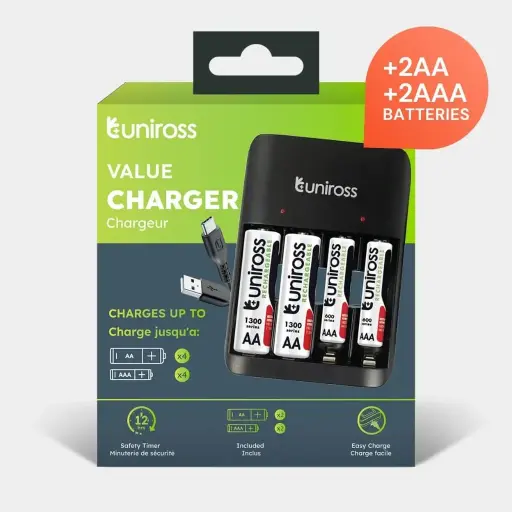 [UCU010C] Uniross UCU010C Value Battery Charger for AA/AAA Ni-MH Batteries with Micro USB/USB-C Ports & 2 AA + 2 AAA Batteries Included Model# UCU010C