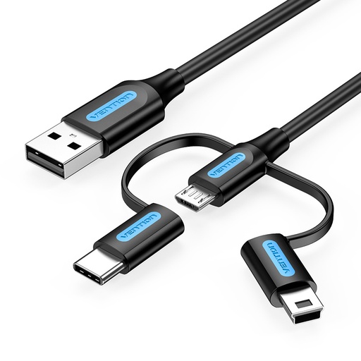 [CQIBF] VENTION USB 2.0 A Male to 3-in-1 Micro-B&USB-C&Mini-B Male Cable 1M Black PVC Type Model # CQIBF