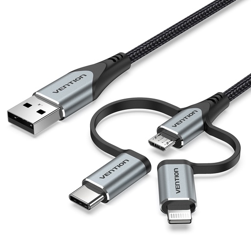 [CQJHD] VENTION USB 2.0 A Male to 3-in-1 Micro-B&USB-C&Lightning Male Cable 0.5M Gray Aluminum Alloy Type Model # CQJHD