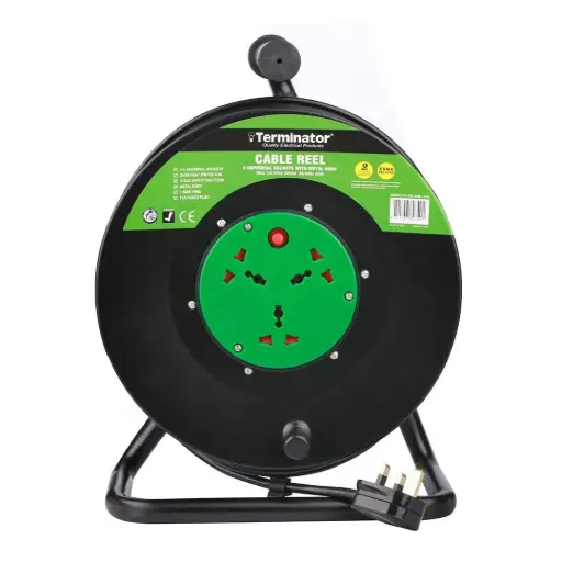[TER 3UM-50M] Terminator 3 Way Universal Power Extension Reel Metal Spool Over Heat Protector 50M Cable 3x1.5MM2 With 13A Fused Plug 