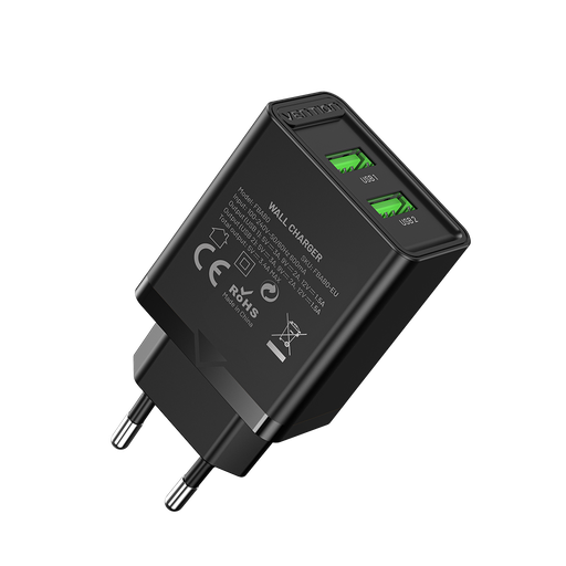 [FBAB0-EU] VENTION Two-Port  USB(A+A) Wall Charger (18W/18W) EU-Plug Black Model # FBAB0-EU