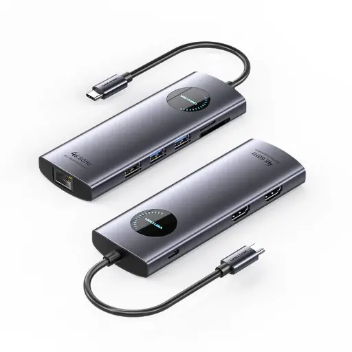 [TQVHB] VENTION USB-C to HDMI x 2/USB 3.0 x 2/USB 2.0/RJ45/SD/TF/PD MST Docking Station 0.15M Gray Aluminum Alloy Type Model #TQVHB