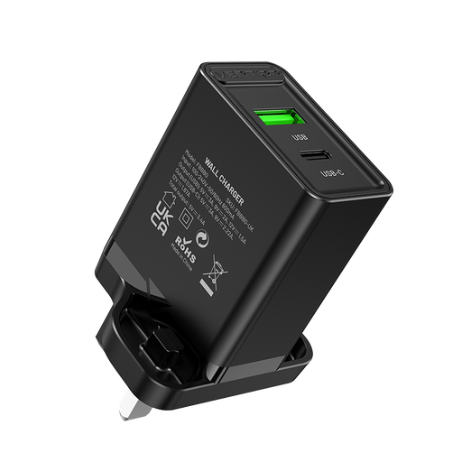 [FBBB0-UK] VENTION Two-Port  USB(A+C) Wall Charger (18W/20W) UK-Plug Black Model # FBBB0-UK