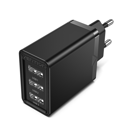 [FEAB0-EU] VENTION 3-port USB(A+A+A) Wall Charger(12W/12W/12W) EU-Plug Black Model # FEAB0-EU