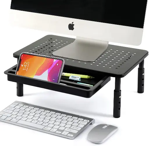 Monitor Stand Riser, 3 AdjUStable Height Monitor Stand With Storage Drawer For Computer, Pc, Printer Home&Office, Ergonomic Premium Metal Riser Stand, Black