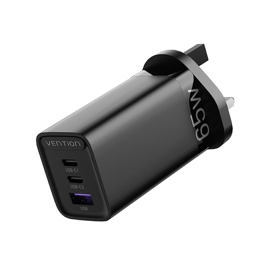 [FEDB0-UK] VENTION 3-port USB(C+C+A) GaN Charger(65W/30W/30W) UK-Plug Black Model # FEDB0-UK