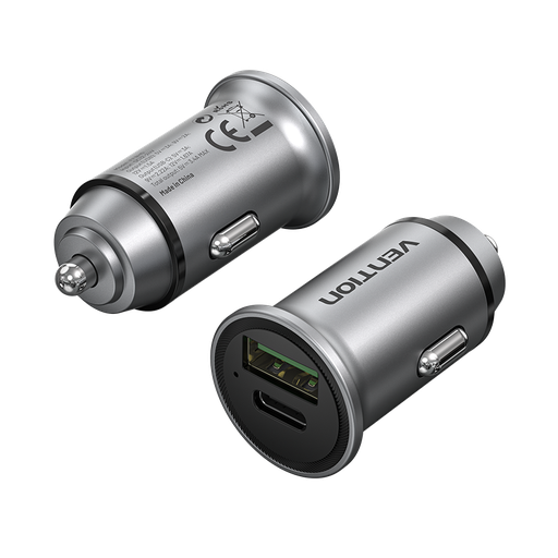 [FFBH0] VENTION Two-Port USB A+C(18/20) Car Charger Gray Mini Style Aluminium Alloy Type Model # FFBH0