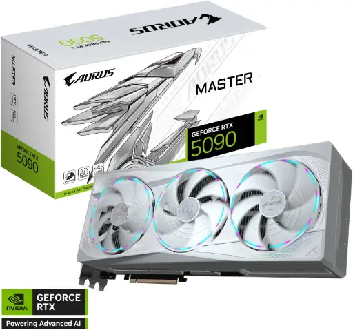 [GV-N5090AORUSM ICE-32GD] GIGABYTE AORUS GeForce RTX 5090 MASTER ICE 32G – 32 GB GDDR7, PCIe 5.0, Blackwell Architecture with DLSS 4, WINDFORCE Cooling, Dual BIOS, RGB Halo, LCD Edge View – Premium 3.5-Slot GPU