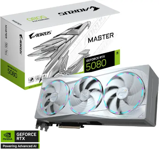 [GV-N5080AORUSM ICE-16GD] GIGABYTE AORUS GeForce RTX 5080 MASTER ICE 16G – 16GB GDDR7, 256-bit, 30Gb/s, NVIDIA Blackwell, DLSS 4, WINDFORCE Cooling, LCD Edge View, RGB Halo, Dual BIOS, PCIe 5.0, 850W PSU