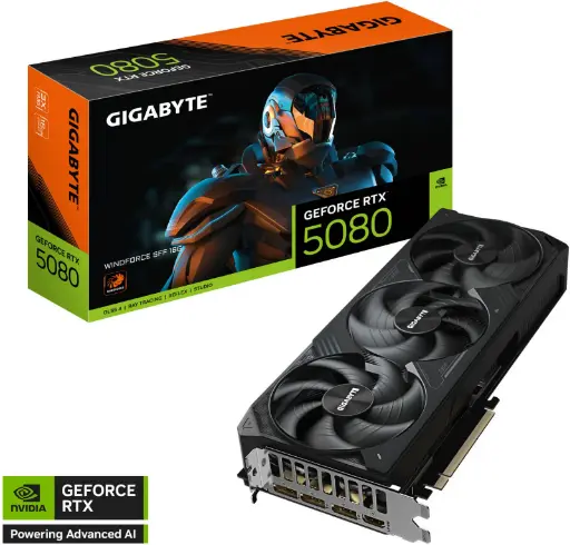 [GV-N5080WF3-16GD] GIGABYTE GeForce RTX 5080 WINDFORCE SFF 16G – 16GB GDDR7, 256-bit 30Gbps, NVIDIA Blackwell, DLSS 4, WINDFORCE Cooling, Dual BIOS, PCIe 5.0,