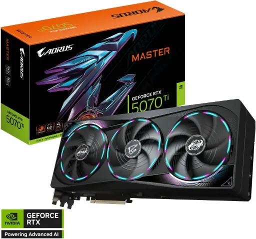 [GV-N507TAORUS M-16GD] GIGABYTE AORUS GeForce RTX 5070 Ti MASTER 16G – 16 GB GDDR7 256-bit, Blackwell Architecture, 2670 MHz Boost, WINDFORCE Cooling, LCD Edge View, RGB Halo, Dual BIOS, PCIe 5.0
