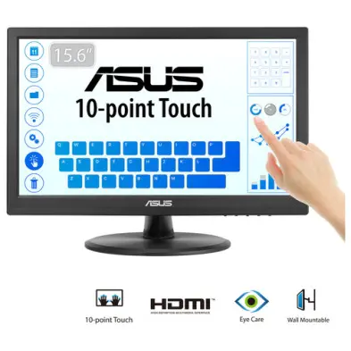[90LM02G1-B04170] ASUS VT168HR 15.6" WXGA LED touchscreen monitor with 10-point touch, HDMI & VGA ports, flicker-free eye care, and compact design ideal for retail and POS systems 90LM02G1-B04170