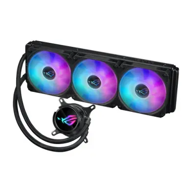 [90RC00T1-M0UAY0] ASUS ROG Strix LC III 360 aRGB Liquid Cooler delivers exceptional thermal performance with triple 120mm aRGB fans, sleek design, and 360° rotating ROG logo for premium cooling power 90RC00T1-M0UAY0